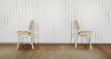 Fototapeta premium Two back-facing chairs collide. Interior of the residence Warm scenes with wooden floor patterns With free space for products or messages 3d illustration