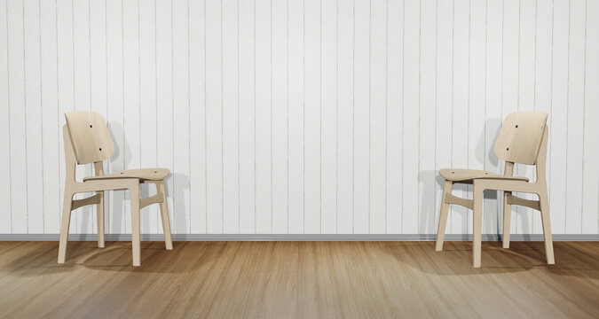 Two chairs facing each other. The interior of the property is a warm scene with wooden floor patterns. With free space for products or messages Modern white chair 3d illustration
