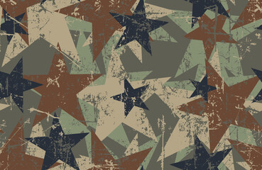 Grunge seamless pattern with five pointed stars. Military camouflage color scheme - Khaki, black, two shades of brown and green.