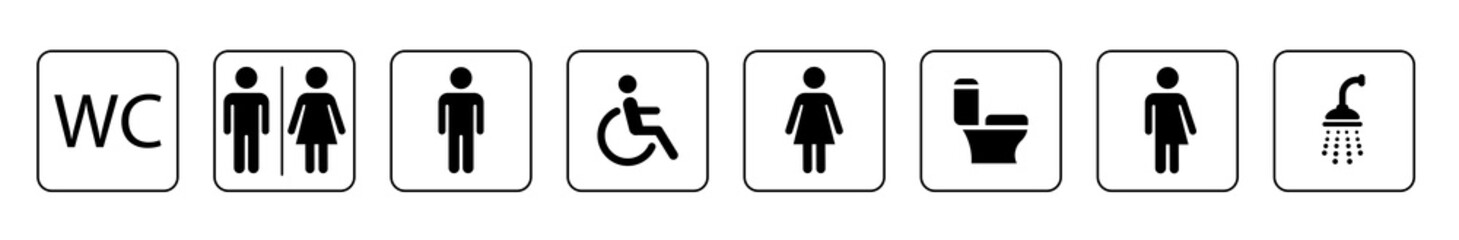 Toilet icons set, toilet signs, WC signs. WC Symbol, signs, icons, WC signs set. Man, woman, mother with baby and handicapped silhouettes isolated on white background. WC. Vector illustration.