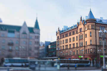 Streets of Tampere, Pirkanmaa, western part of Finland, vibrant winter city view, with town hall, church, and cathedral