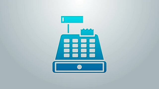 Blue line Cash register machine with a check icon isolated on grey background. Cashier sign. Cashbox symbol. 4K Video motion graphic animation