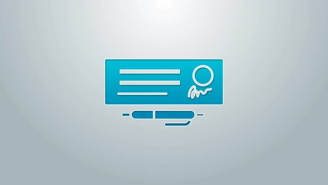 Blue line Blank template of the bank check and pen icon isolated on grey background. Checkbook cheque page with empty fields to fill. 4K Video motion graphic animation