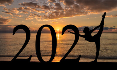 New Year 2021 at Beach Sunrise Silhouette of Woman Dancing