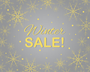 Inscription winter sale on a grey background. Yellow text. Snowflakes. Vector. Banner. Price-list