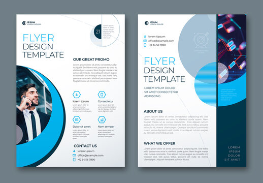 Corporate Flyer Layout with Dynamic Elements and Blue Accents