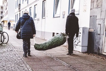 person walking on the street with christmas tree