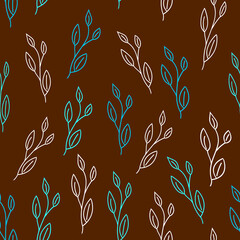 Seamless pattern with hand drawn vector colorful leaves,modern ornament,illustration for wrapping paper,abstract botanical motif for decoration on dark background,autumn mood print