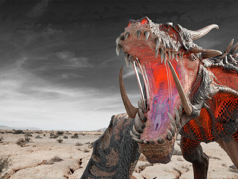 monster dragon on desert close up with copy space