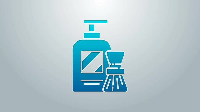 Blue line Shaving gel foam and brush icon isolated on grey background. Shaving cream. 4K Video motion graphic animation
