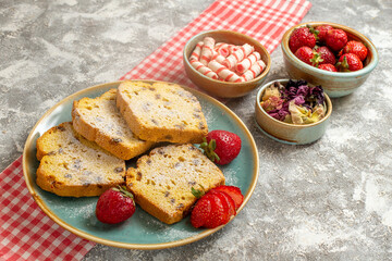 front view yummy cake slices with fresh strawberries on white background sweet pie fruit