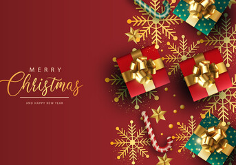 Fototapeta na wymiar Merry Christmas gift box on decorated red background, Happy Winter Holiday Gift Concept