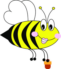 A funny bee with a bucket on a white background, isolated. Vector illustration  in a doodle style.