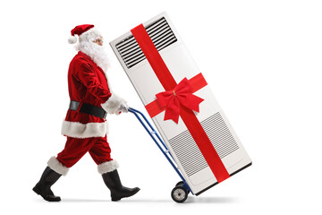 Santa claus pushing an air conditioning unit on a hand truck