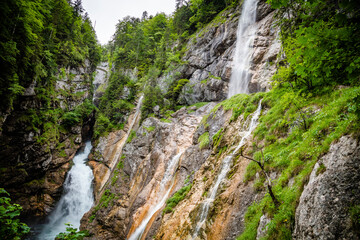 Falling water in the mountains around Hallstatt, famous ancient village in Austria