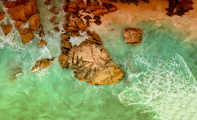 Aerial view of amazing Seychelles Beach. Downward drone viewpoint