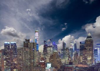 Fototapeta na wymiar Manhattan night aerial skyline, New York City