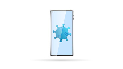 Digital modern touchscreen mobile phone smartphone on a white background and a dangerous virus infectious pandemic of the epidemic of coronovirus infection covid-19. illustration