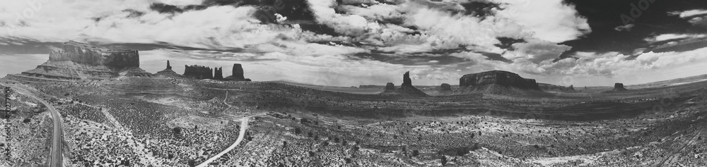 Wall mural aerial panoramic view of amazing monument valley in summser season, drone viewpoint