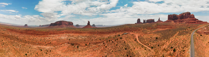 Aerial panoramic view of amazing Monument Valley in summser season, drone viewpoint