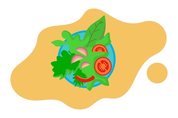 Obraz premium Special menu of delicious salads with green vegetables, tomatoes and unions. vector illustration, flat design style