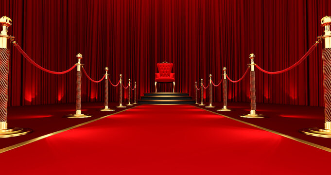 3D render of Red royal chair. Red carpet leading to the luxurious throne, Stair and Gold Rope Barrier.