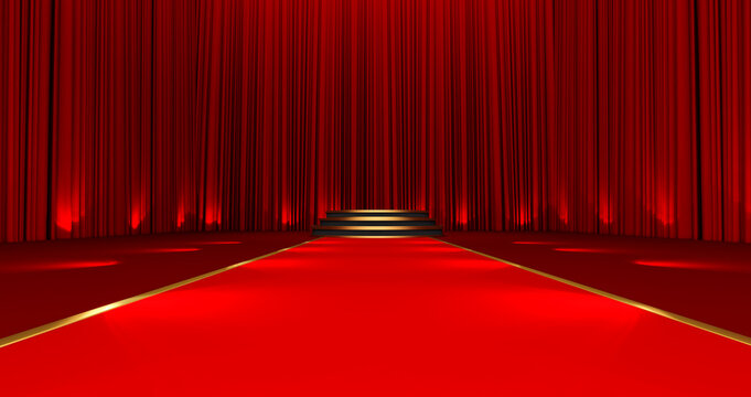 3D render of carpet the round podium steps. Red carpet on the stairs on a red silk Stock Illustration | Adobe Stock