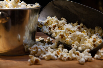 bucket of popcorn on the kitchen bench, ready to be eaten