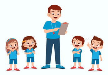 happy cute little kid boy and girl with teacher