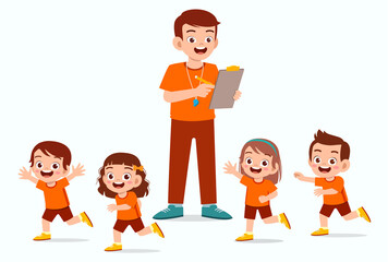 happy cute little kid boy and girl with teacher