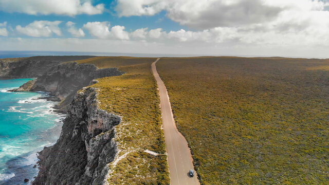 Flinders Chase National Park in Kangaroo Island. Amazing aerial view of road and coastline from drone on a sunny day
