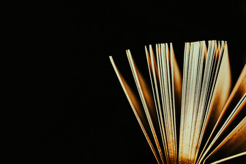 Opened vintage book with shine gold pages on a black background, copy space
