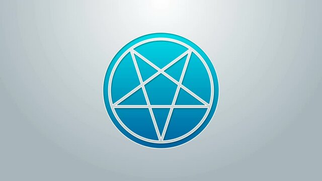 Blue line Pentagram in a circle icon isolated on grey background. Magic occult star symbol. 4K Video motion graphic animation
