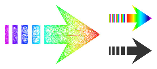 Rainbow vibrant wire frame send right, and solid spectrum gradient send right icon. Wire frame 2D network geometric image based on send right icon, made with intersected lines.