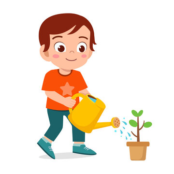 happy cute little kid boy watering flower