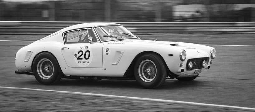 Circuit of Jarama, Madrid, Spain; April 03 2016: White Ferrari 250 GT Berlinetta in a classic car race at the Jarama circuit