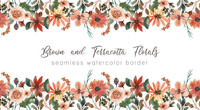 Brown and Terracotta Florals Watercolor Seamless Border