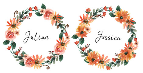 Watercolor Floral Wreath with Orange and Terracotta Flower and Leaves