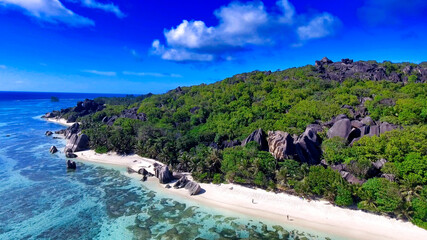 La Digue, Seychelles. Amazing aerial view on a beautiful sunny day