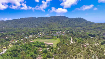 La Digue, Seychelles. Amazing aerial view on a beautiful sunny day
