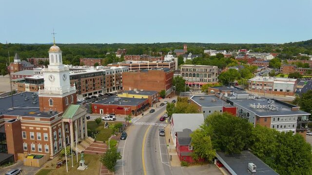 Dover downtown Central Avenue aerial view from City Hall north to Main Street and across Cocheco River, Dover, New Hampshire NH, USA. 