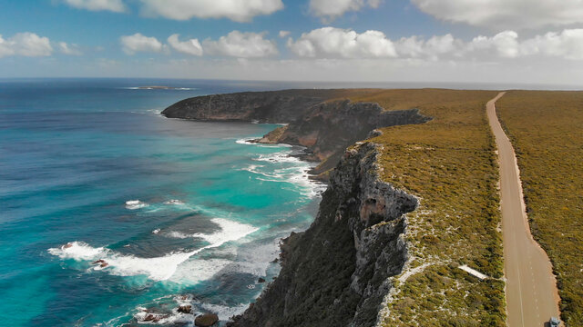 Flinders Chase National Park In Kangaroo Island. Amazing Aerial View Of Road And Coastline From Drone On A Sunny Day