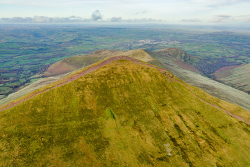 Aerial drone view of the summit on a Welsh mountain (Pen-y-Fan)