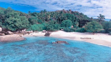La Digue, Seychelles. Aerial view of coastline from drone perspective