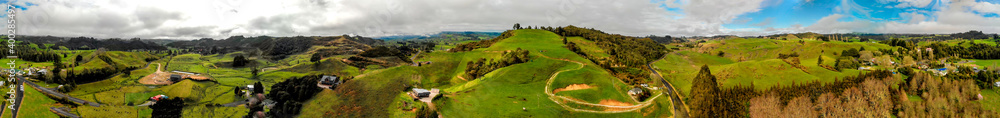 Sticker Waitomo countryside and hills in spring season, aerial view of New Zealand