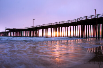 Pismo Beach Pier in California, Sunset Reflection in Pismo Beach San Luis Obispo County, Old Pier Made of Wood