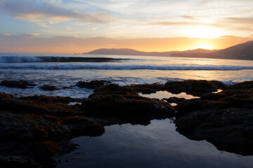 Fototapeta na wymiar Shell Beach California Tidepools, Sunset Reflection in Tidepools Coast of California