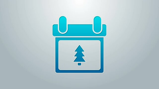 Blue line Calendar with tree icon isolated on grey background. Event reminder symbol. Merry Christmas and Happy New Year. 4K Video motion graphic animation