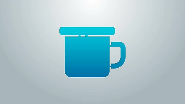 Blue line Camping metal mug icon isolated on grey background. 4K Video motion graphic animation