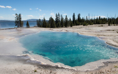 Bright Blue Geyser in Yellowstone National Park, Summer in YNP 2021